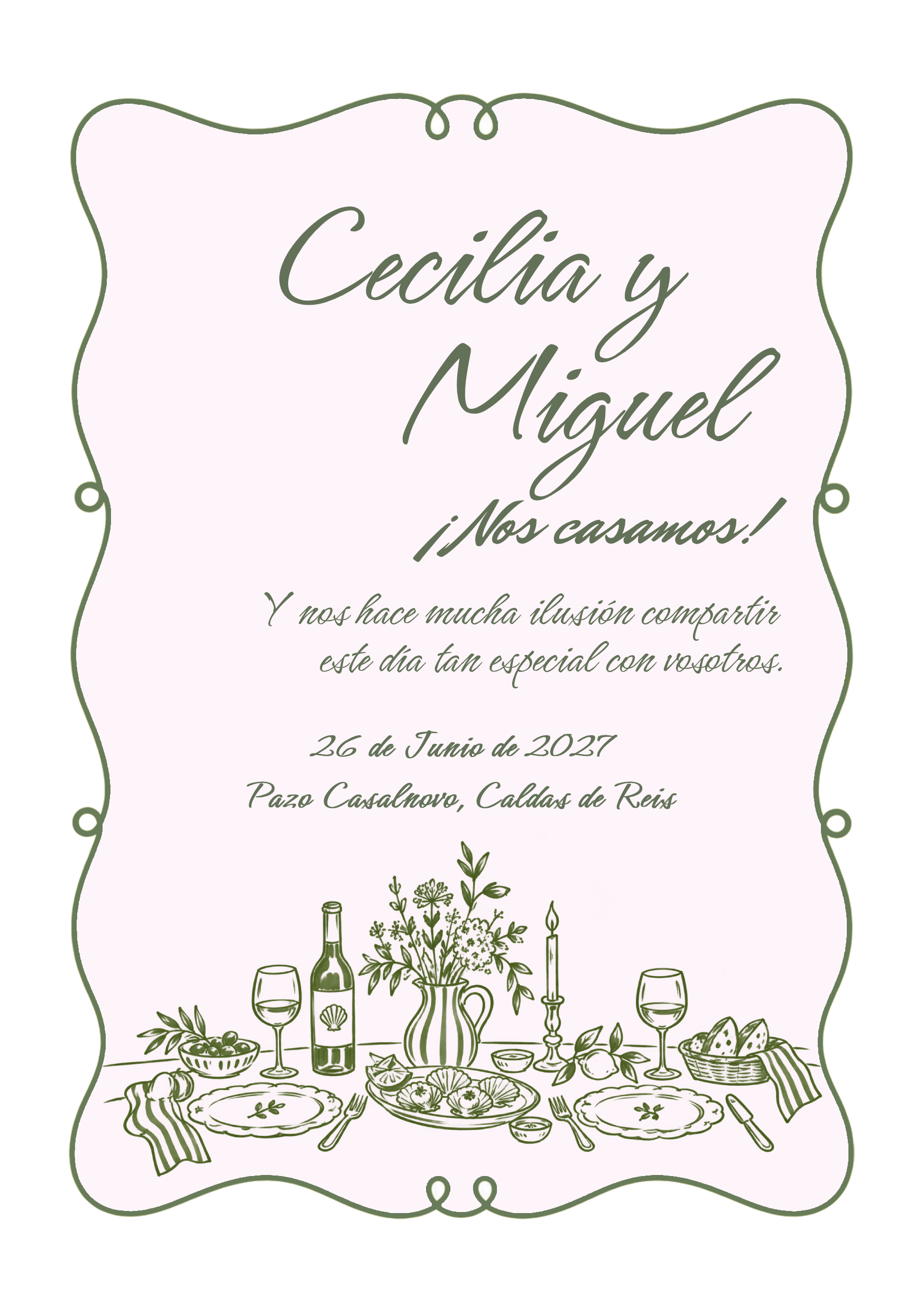 Invitación original de Cecilia y Miguel: ¡Nos casamos! Y nos hace mucha ilusión compartir este día tan especial con vosotros. 26 de junio de 2027. Pazo Casalnovo, Caldas de Reis.