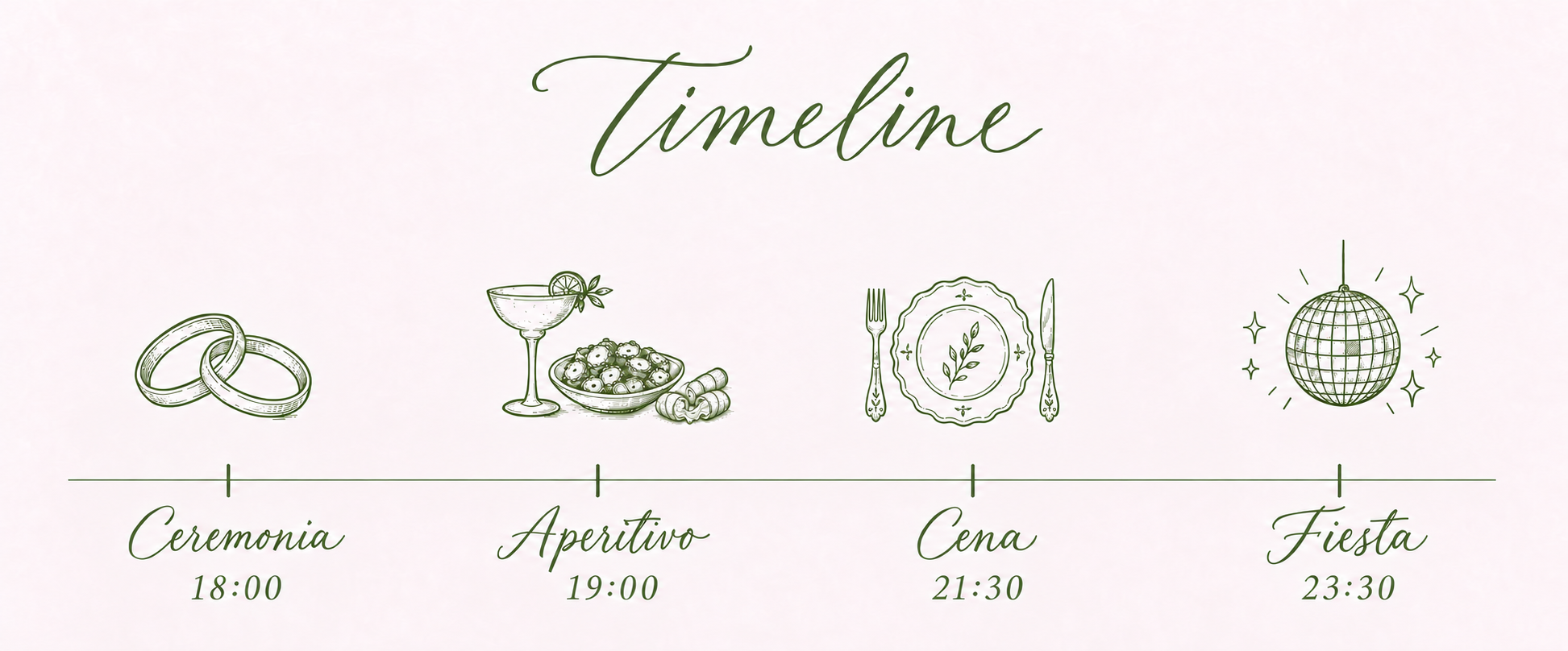 Timeline: Ceremonia a las 18:00, Aperitivo a las 19:00, Cena a las 21:30 y Fiesta a las 23:30. Ilustraciones de dos alianzas, copa de cóctel con pulpo y tequeños, plato con cubiertos y bola de discoteca.
